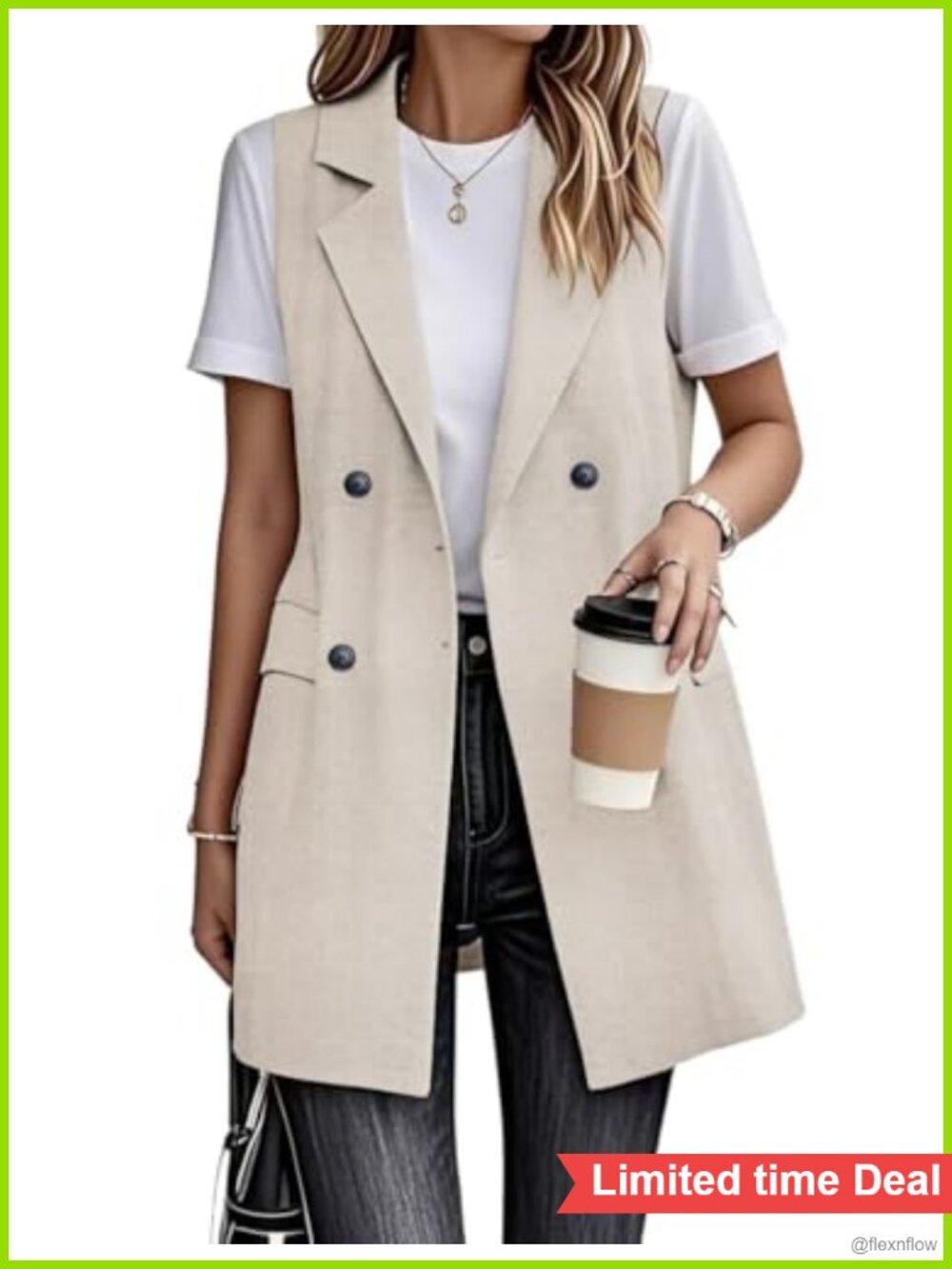 Women's Linen Blend Sleeveless Long Vest Blazer Jacket Outerwear Office Wear